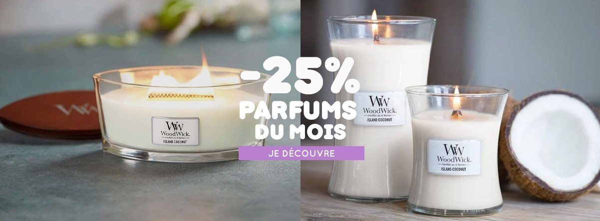 Promo parfums du mois Woodwick bougies island coconut